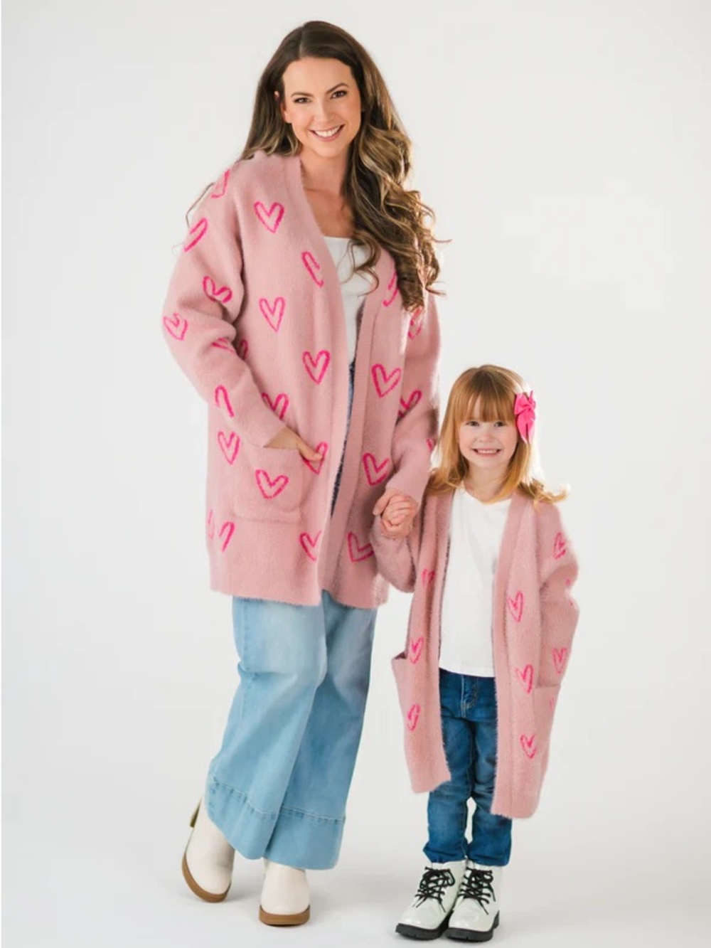 Set of Mommy and Me Fuzzy All Over pink Heart Oversized Cardigan